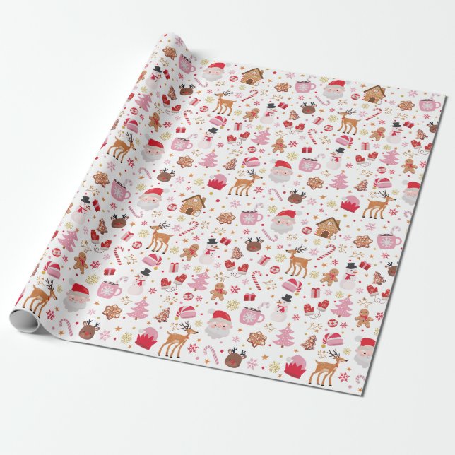 Papier Cadeau Noël rose rouge Père Noël Reindeer Wonderland (Déroulé)