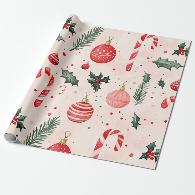 Papier Cadeau Noël rose rouge Vintage (Déroulé)
