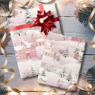 Papier Cadeau Noël rose vintage Village de neige