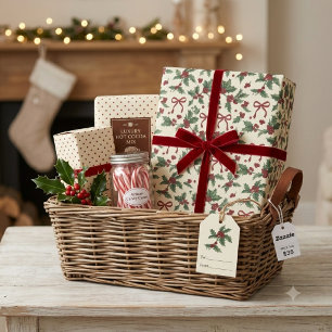 Papier Cadeau Noël Rouge Baie de Houx Vintage