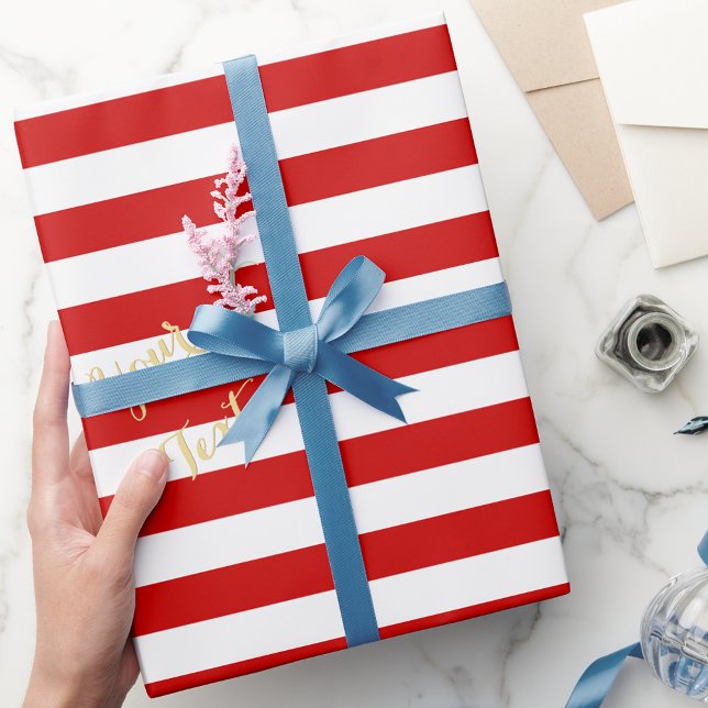 Papier Cadeau Noël Rouge Blanc Stripes Or Texte Noël (Christmas Red White Stripes Gold Text Holiday Xmas Wrapping Paper)