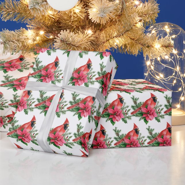 Papier Cadeau Noël Rouge Cardinal Oiseaux Pine Cônes Branche (Vacances)