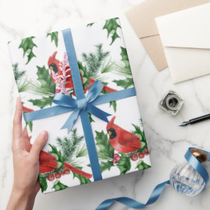 Papier Cadeau Noël Rouge Cardinal Oiseaux Pine Cônes Brunch