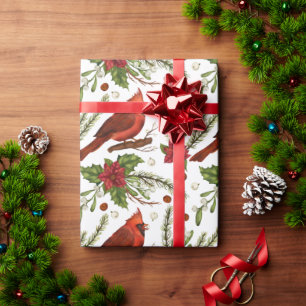 Papier Cadeau Noël Rouge Cardinal Pine Poinsettia Aquarelle
