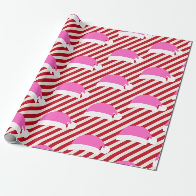 Papier Cadeau Noël rouge et blanc avec chapeau rose de Santa (Déroulé)