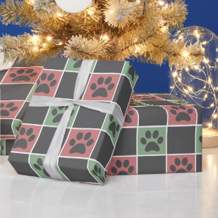 Papier Cadeau Noël rouge et vert motif Empreinte de patte à thèm