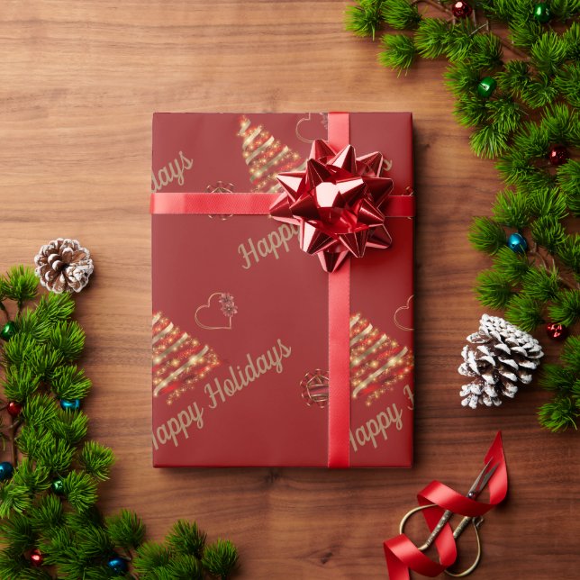 Papier Cadeau Noël Rouge & Or Arbre moderne & Coeur avec Fleur (Cadeau de vacances)