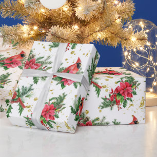 Papier Cadeau Noël Rouge Poinsettia Cardinal Birds