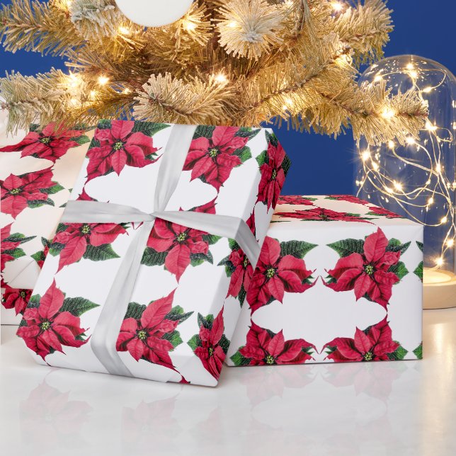 Papier Cadeau Noël Rouge Poinsettias Floral Vacances Motif (Vacances)