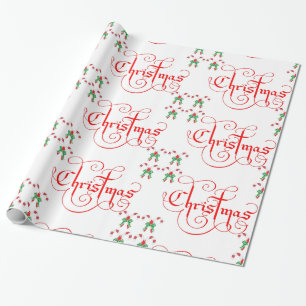 Papier Cadeau Noël Rouge Script Sucre de canne bonbon vert ruban
