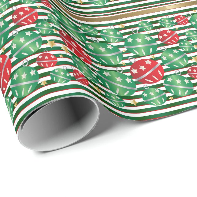 Papier Cadeau Noël Rouge & Vert Grandes et Ornements (Coin rond)