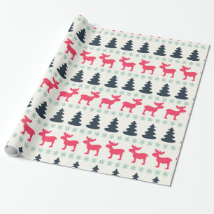 Papier Cadeau Noël rustique de campagne Vacances orignal et arbr