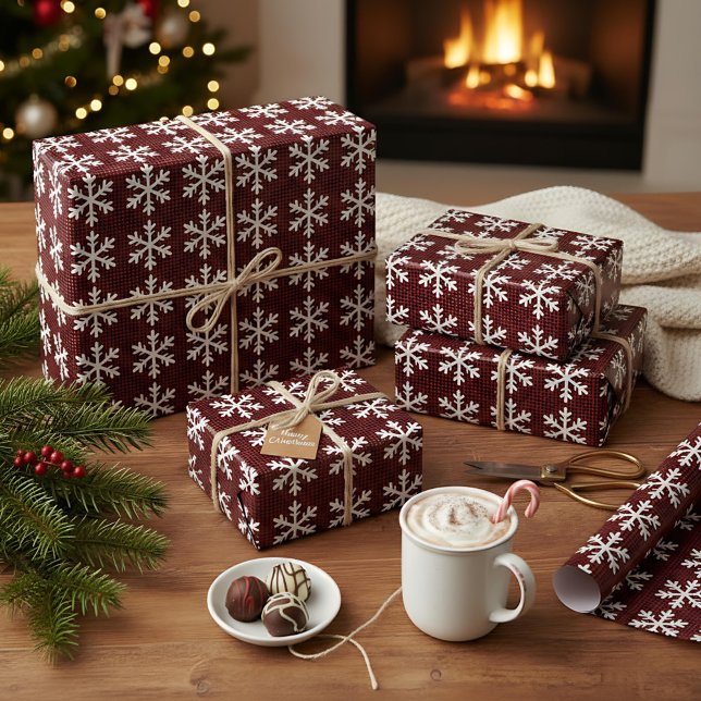 Papier Cadeau Noël rustique de flocon de neige rouge et noir (Créateur téléchargé)