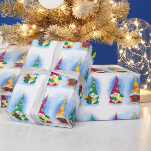 Papier Cadeau Noël scandinave Gnomes Aquarelle vacances