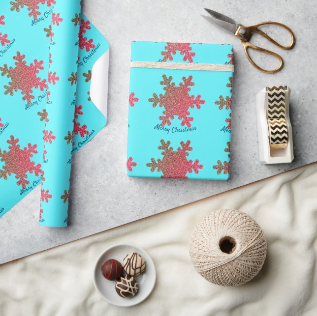 Papier Cadeau Noël Snowflakes Blue Rose Rose Parties scintillant (Artisanat)