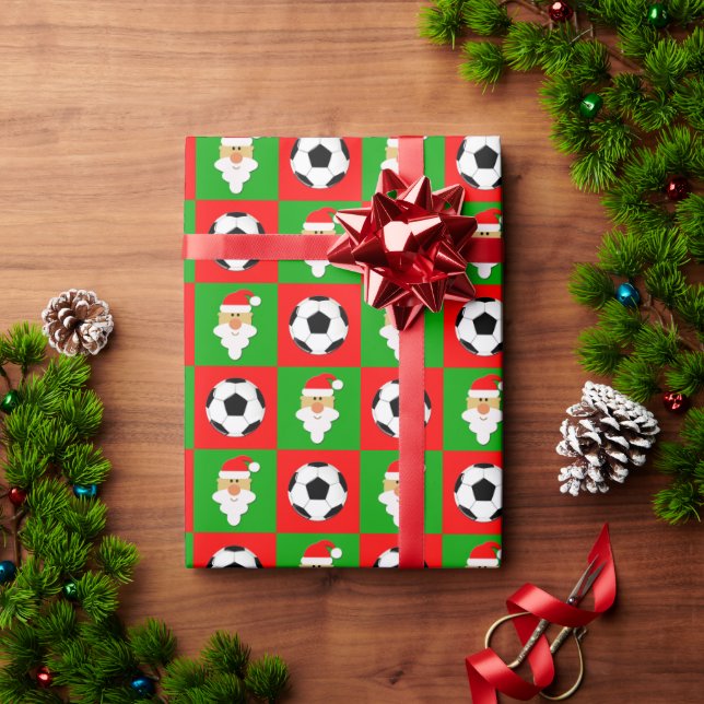 Papier Cadeau Noël Soccer Balls & Santa Clause Rouge & Vert (Cadeau de vacances)