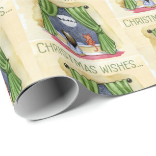 Papier Cadeau Noël Souhaite Mignonne Enfant & Kitty Chat Noël