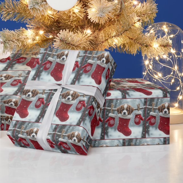 Papier Cadeau Noël St. Bernard Puppy dans une réserve rouge (Vacances)