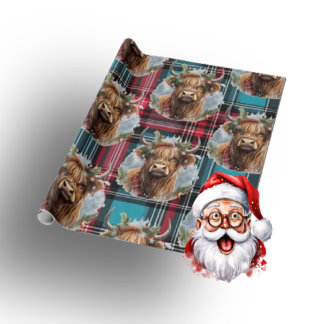 Papier Cadeau Noël Tartan pacifique bleu Highlander Cow
