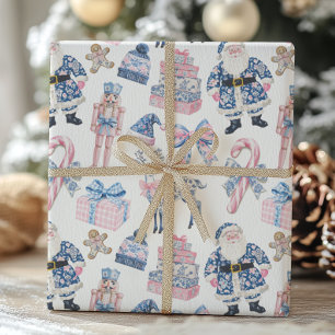 Papier Cadeau Noël Toile bleu et rose