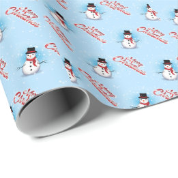 Papier Cadeau Noël traditionnel de bonhomme de neige sur BLEU CL