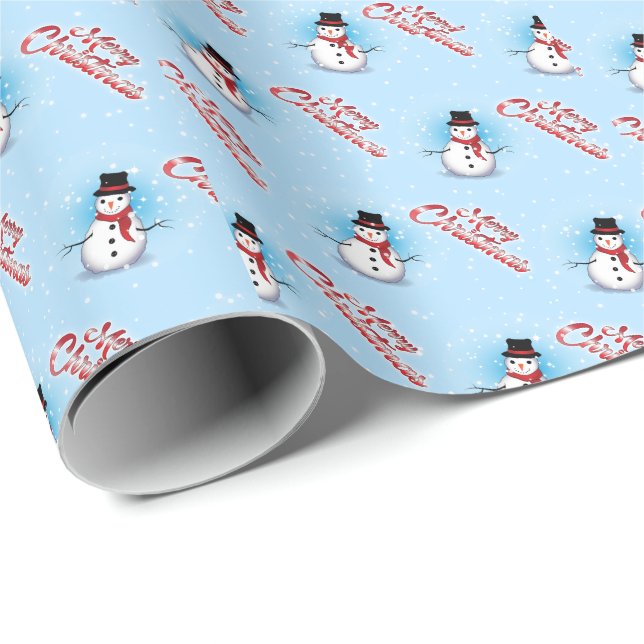 Papier Cadeau Noël traditionnel de bonhomme de neige sur BLEU CL (Coin rond)