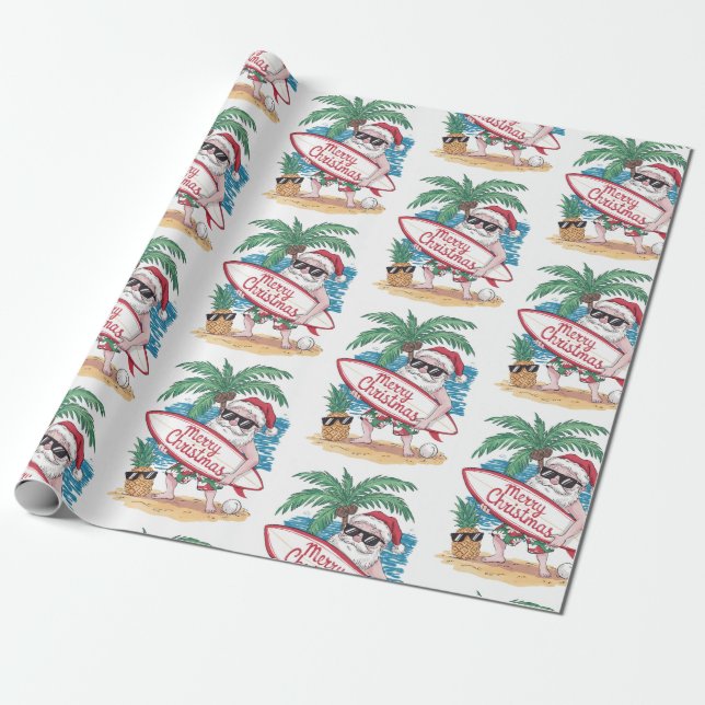 Papier Cadeau Noël Tropical Palm Tree Beach Surf Père Noël (Déroulé)