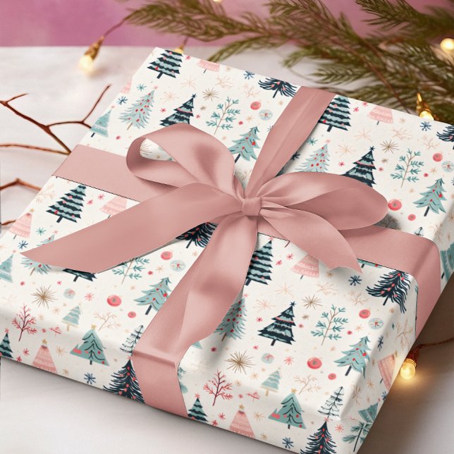 Papier Cadeau Noël Vacances d'hiver Abstrait Motif Arbre (Christmas Winter Holiday Abstract Tree Pattern Wrapping Paper - Dk Teal, Lt Teal Blue and Blush Pink)