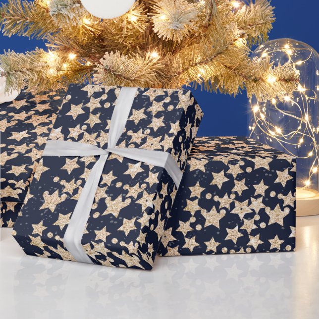 Papier Cadeau Noël vedettes festives neige or bleu motif (Vacances)