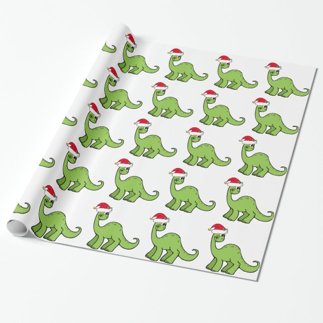 Papier Cadeau Noël vert badine le dinosaure Père Noël (Déroulé)