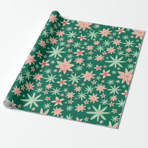 Papier Cadeau Noël vert de motif de poinsettia