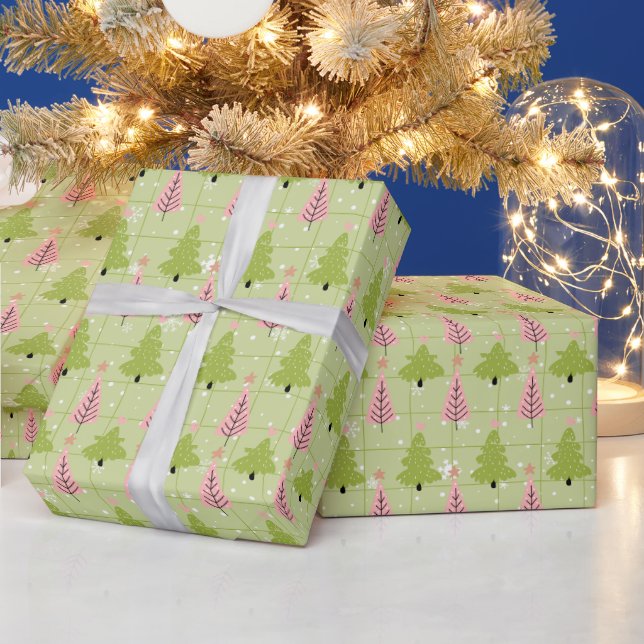 Papier Cadeau Noël vert et blanc cassé Arbres de Noël rose (Vacances)