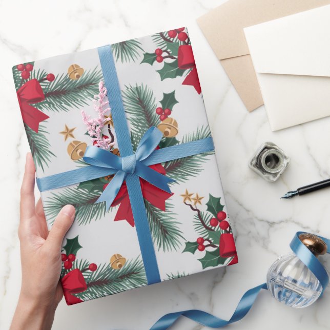 Papier Cadeau Noël Vert Garland Rouge Rangées Or Accent Vert (Cadeaux)