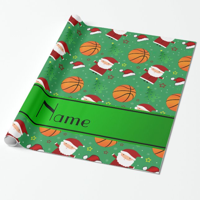 Papier Cadeau Noël vert nommé personnalisé de basket-ball (Déroulé)