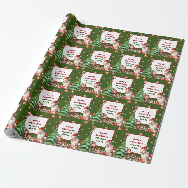 Papier Cadeau Noël vert Personnalisé Père Noël et Elfe (Déroulé)