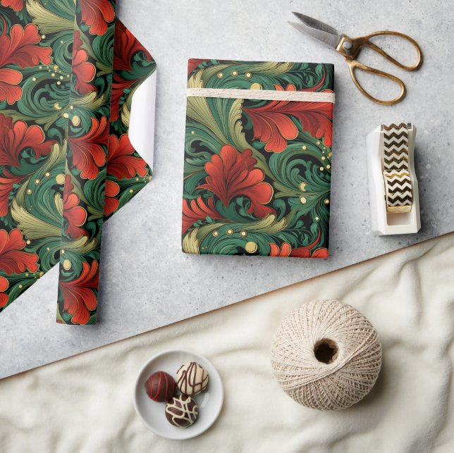 Papier Cadeau Noël Vert Rouge Art Nouveau Présent GIft (Artisanat)
