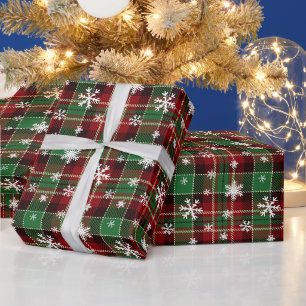 Papier Cadeau Noël vert, rouge avec des flocons blancs