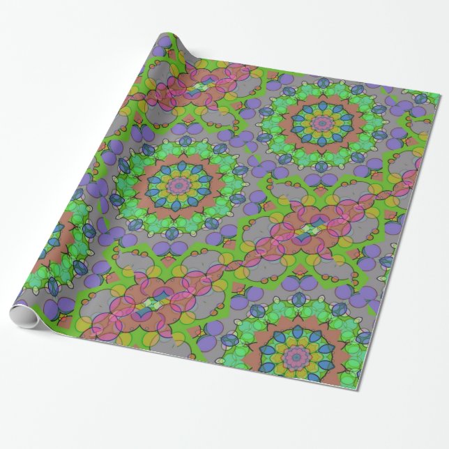 Papier Cadeau Noël vert violet rose géométrique et coloré (Déroulé)
