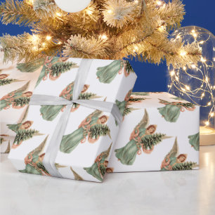 Papier Cadeau Noël vintage, Ange victorien avec arbre