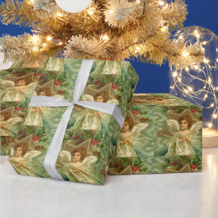 Papier Cadeau Noël vintage, Ange victorien avec étoiles d'or