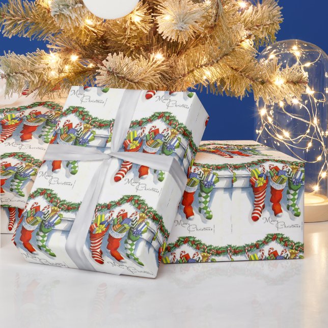 Papier Cadeau Noël Vintage, Bas, Cheminée (Vacances)