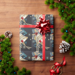 Papier Cadeau Noël Vintage Belle Argent Cloches Gold Bow