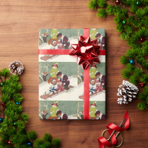 Papier Cadeau Noël vintage, enfants faisant de la luge dans la n