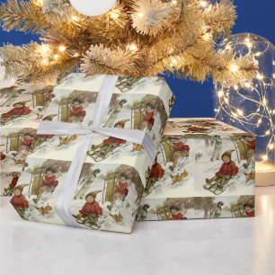 Papier Cadeau Noël vintage, enfants victoriens traîneau chien