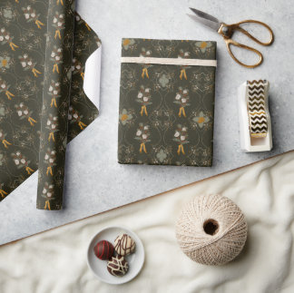 Papier Cadeau Noël vintage | Floral d'hiver | Vert foncé