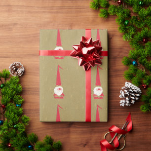 Papier Cadeau Noël vintage, joli gnome Santa Claus sur fond doré