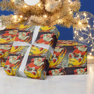 Papier Cadeau Noël vintage, le Père Noël dans un vaisseau spatia