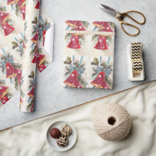 Papier Cadeau Noël Vintage Parties scintillant rouge cloches Blu