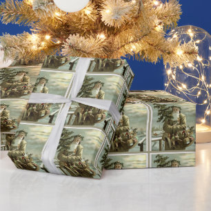 Papier Cadeau Noël vintage, Père Noël victorien avec des jouets