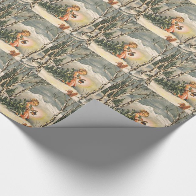 Papier Cadeau Noël vintage, Petite fille avec arbre (Coin)